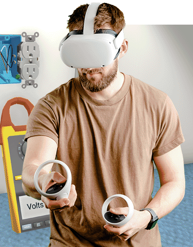 Man learning how to do electrical trades via virtual reality.