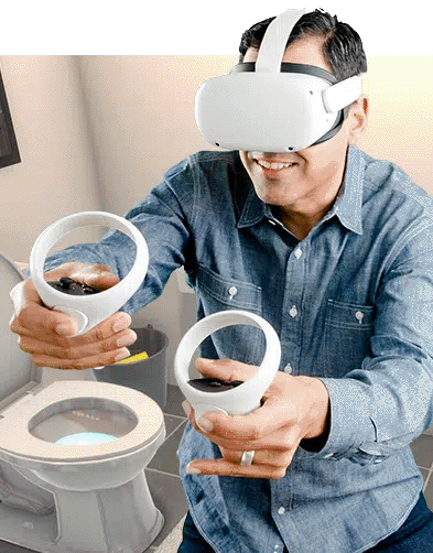 Man learning the plumbing trade with VR learning system.