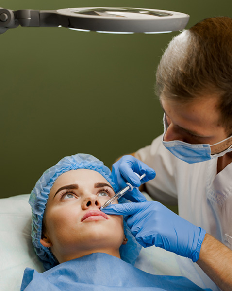 Male medical professional administering a medical cosmetic lip injection.